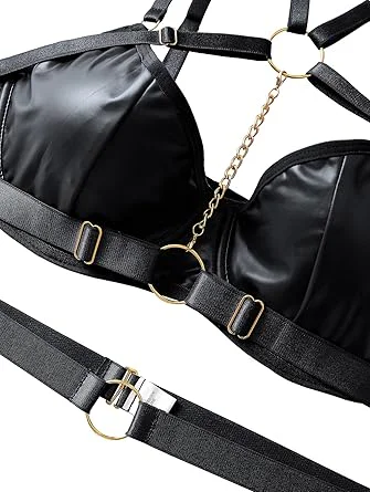 Lilosy Pu Leather Strappy Underwire Garter Belt Lingerie Set