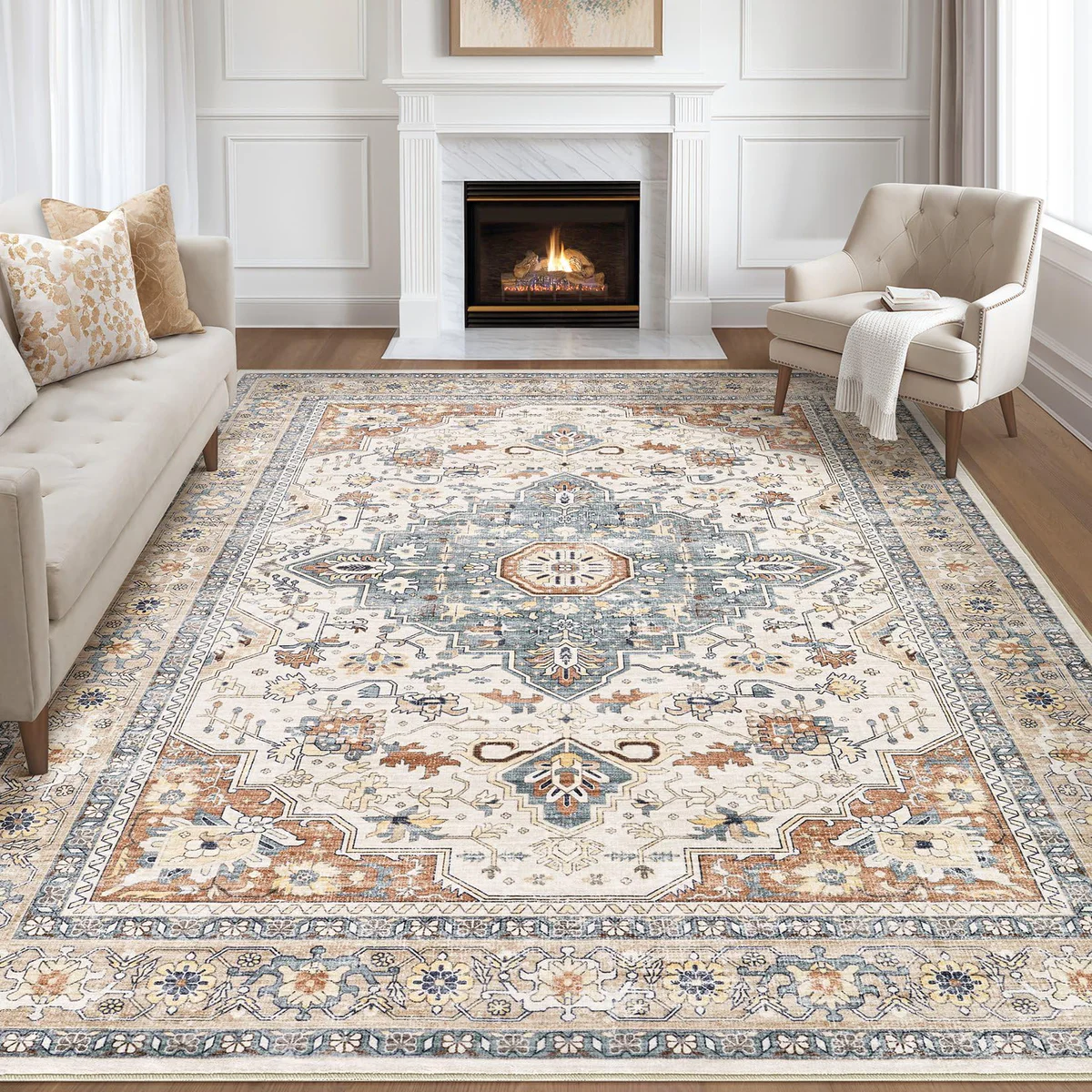 LOONGRUG Beige Blue Boho Area Rug