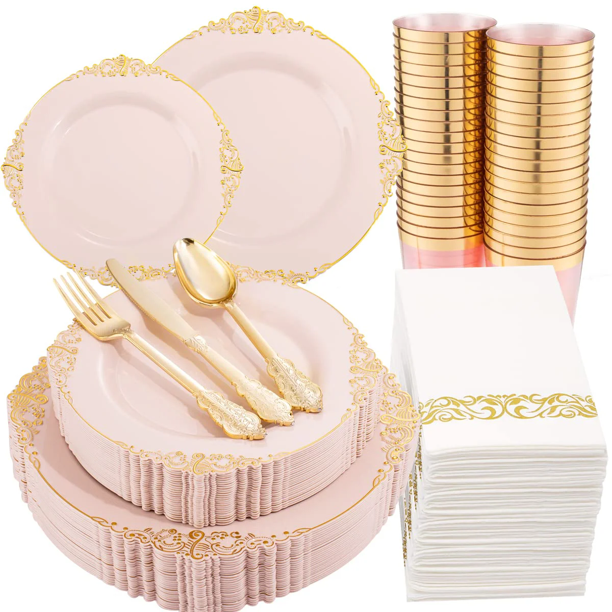 Morejoy Pink & Gold Plastic Party Plates Set