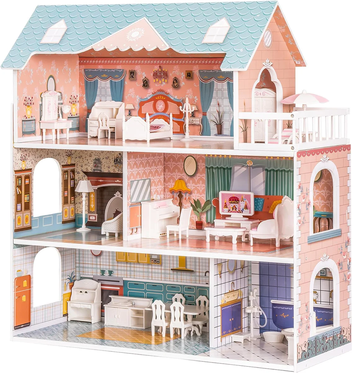ROBUD Wooden Dollhouse with Furniture and Accessories