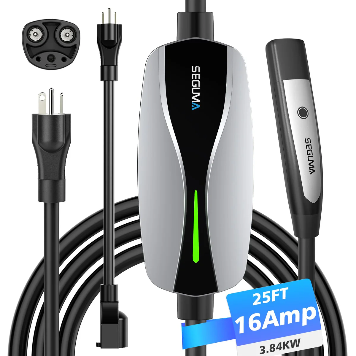 SEGUMA Portable EV Charger, Level 1/2, 16A, 25FT Cable