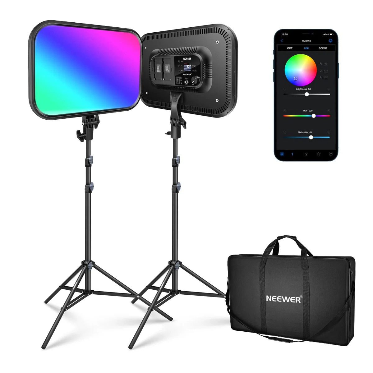 NEEWER RGB168 18.3" RGB LED Video Panel Light with App Control, Bluetooth, 2 Pack Tripod Stand Kit