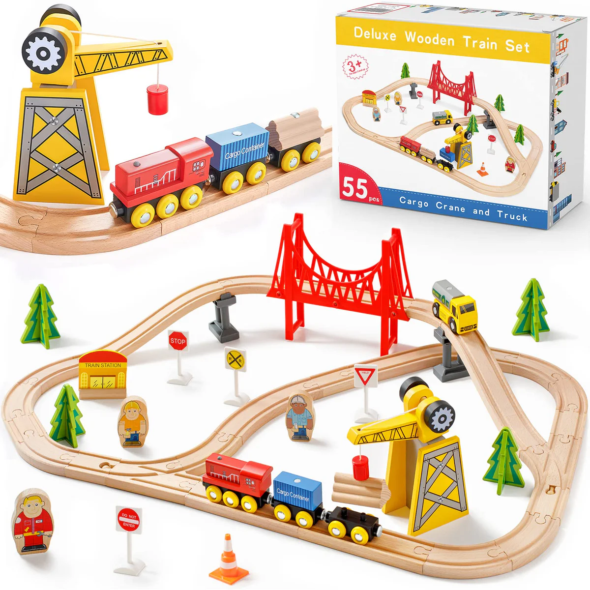 Tiny Land Wooden Train Set Crane and Truck
