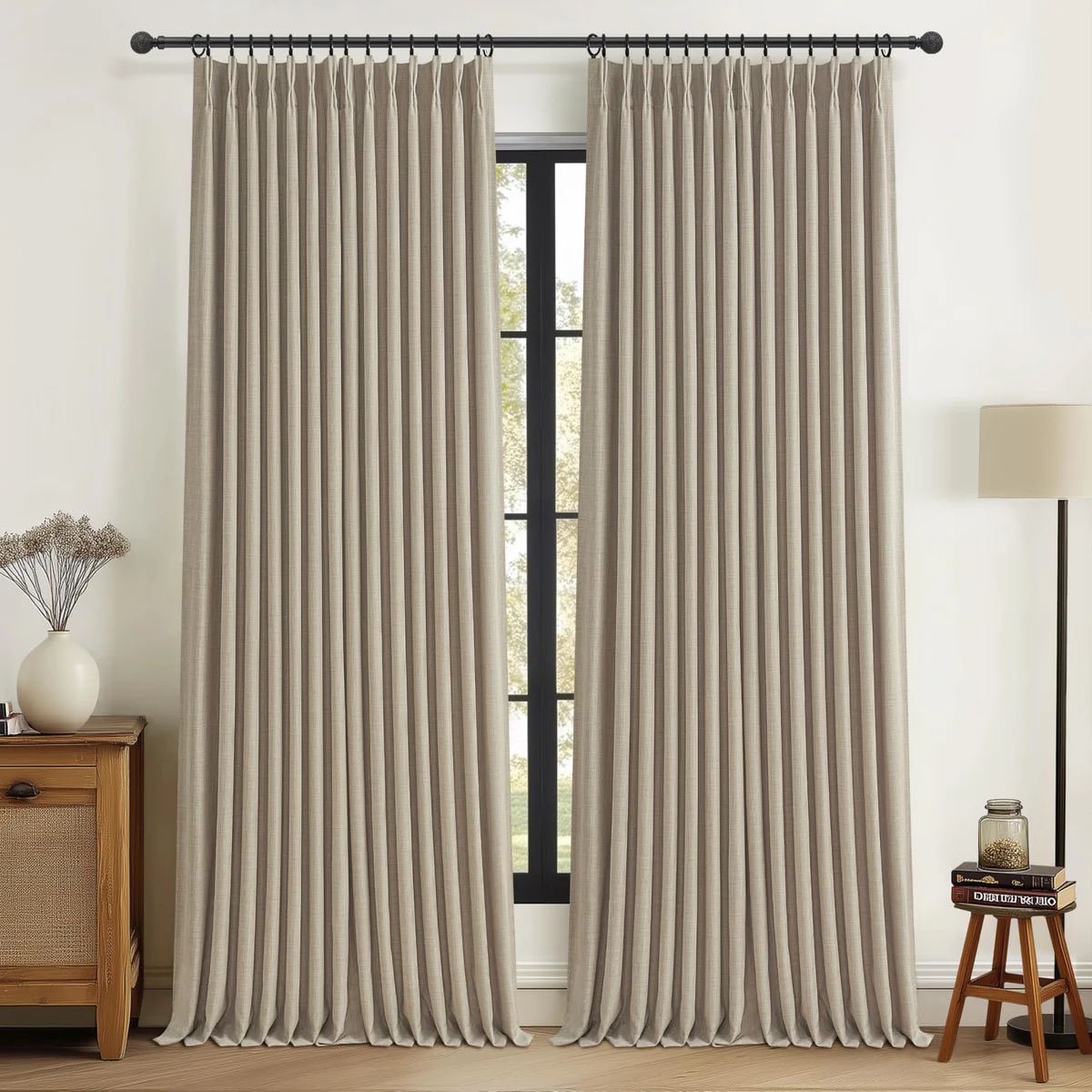 Extra Wide Blackout Curtains 70 x 96 Inches Long for Bedroom 2 Panels Set, Farmhouse Pinch Pleated Double Layer Thick Linen Light Blocking Drapes Thermal Privacy with Track Back Tab for Large Windows
