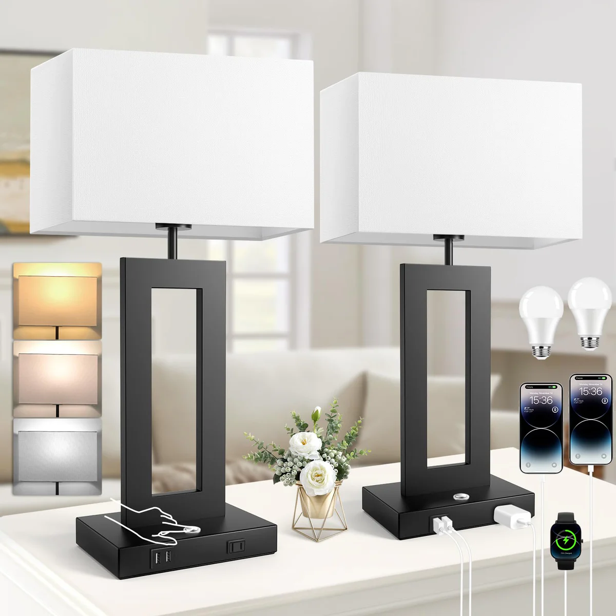 Kondras Bedside Table Lamps Set with USB Charging Ports