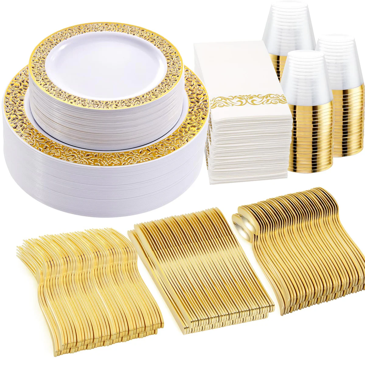 WELLIFE Gold Plastic Plates Cutlery & Cups Set
