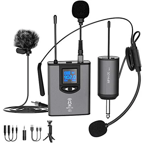 UHF Wireless Microphone System Headset Mic/Stand Mic/Lavalier Lapel Mic with Rechargeable Bodypack T