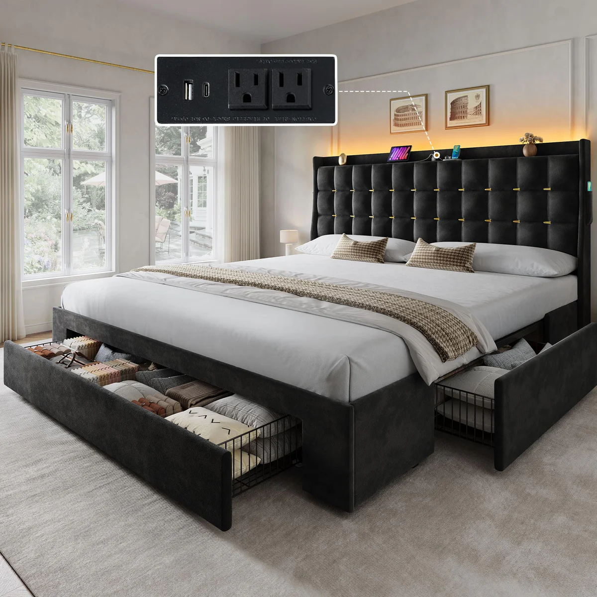 YITAHOME King Size Bed Frame with Storage Headboard