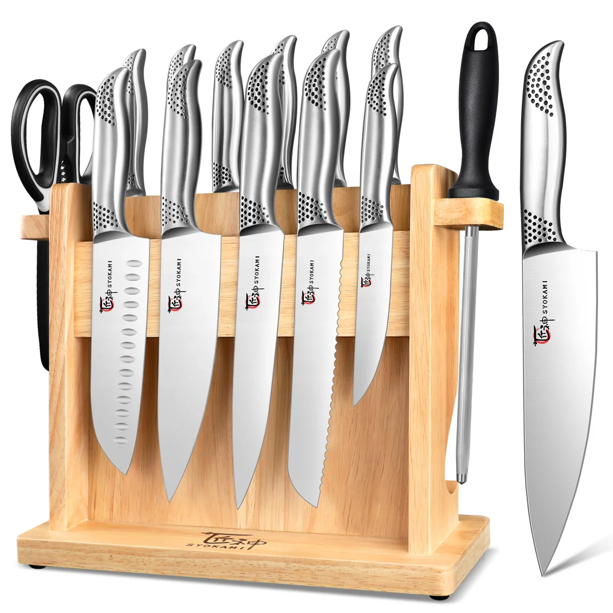 SYOKAMI 17-Piece Kitchen Knife Block Set with Sharpener