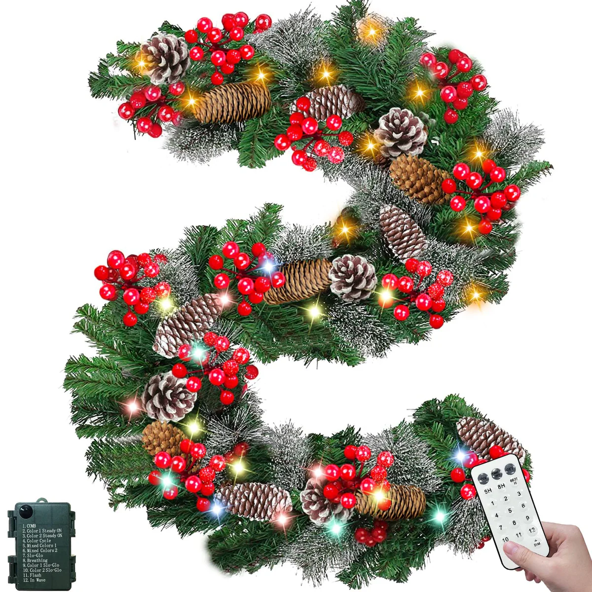 Camlinbo Christmas Garland with LED Lights, Pine Cones & Berries