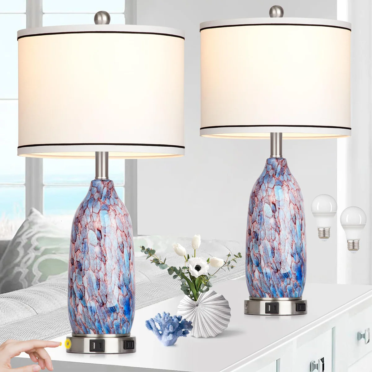 Rinweey Coastal Glass Table Lamps Set