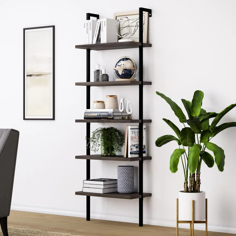 Nathan James Theo 5-Shelf Ladder Bookcase Rustic Dark 