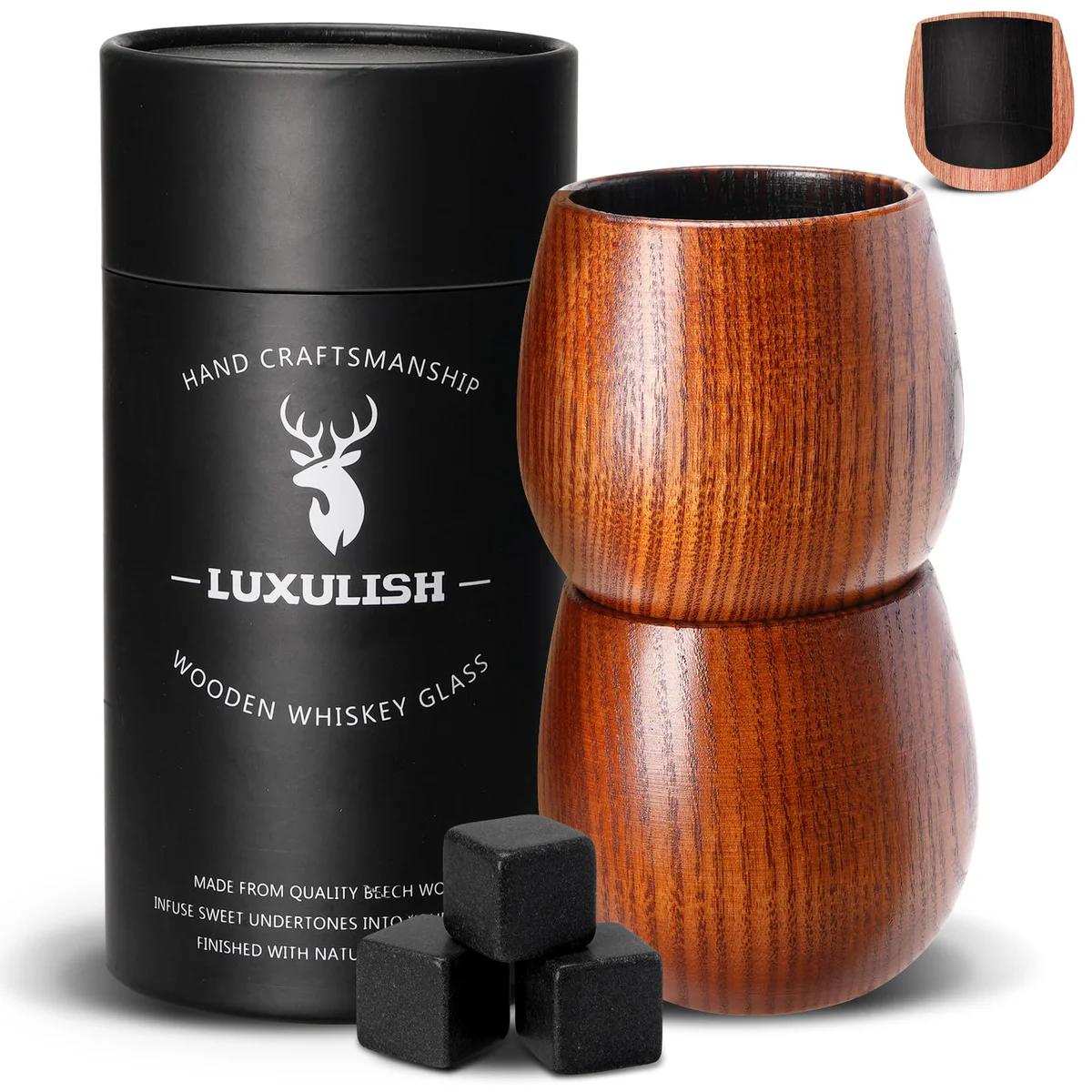 LUXULISH Charred Wooden Whiskey Glass with Ice Rocks