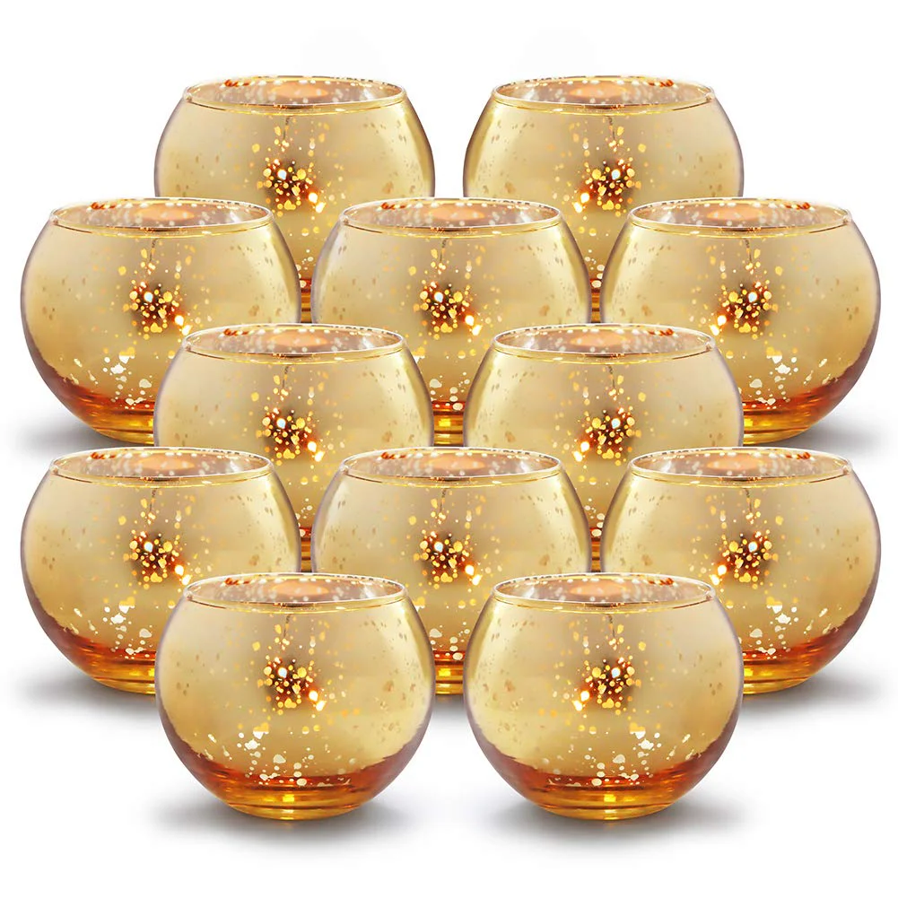 Volens Round Gold Votive Candle Holders Bulk, Mercury Glass Tealight Candle Holder Set of 12 for Wed