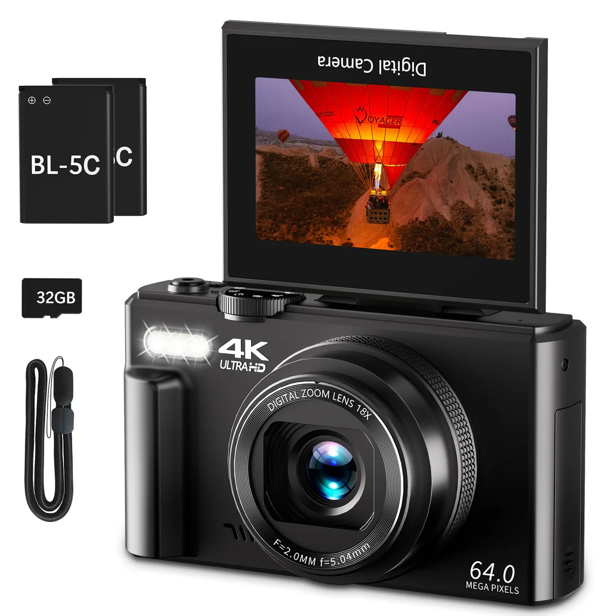 VJIANGER 64MP 4K Digital Camera with 180° Flip Screen & 18X Zoom