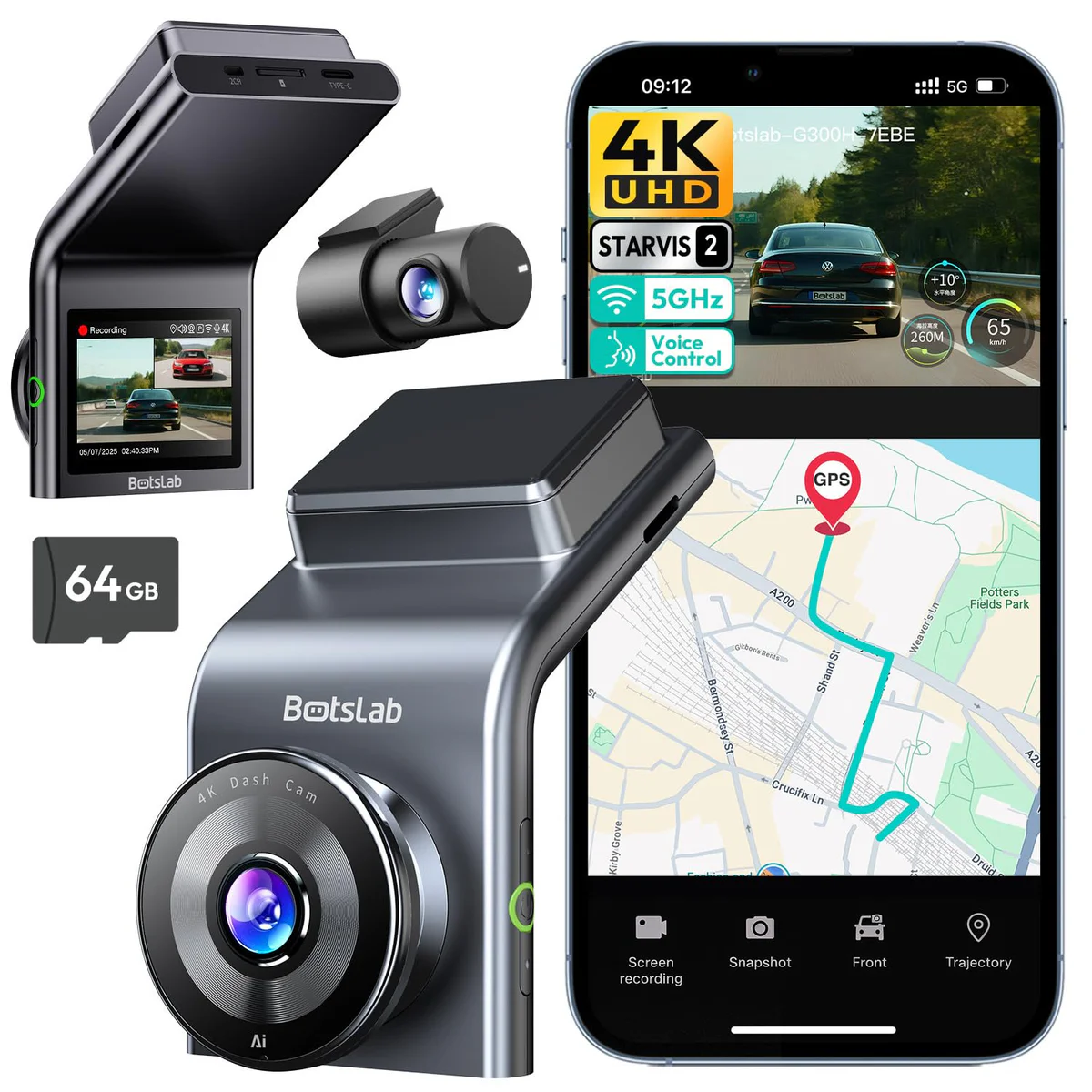 BOTSLAB Dual Lens GPS Dash Cam 