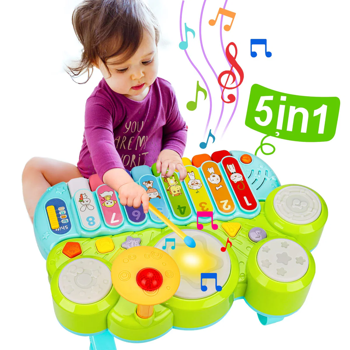 AugToy Musical Piano Keyboard Xylophone Drum Set for Toddlers