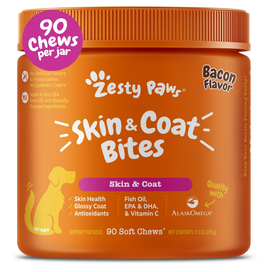 Zesty Paws Skin & Coat Bites Bacon Flavor - 90 Dog Chews