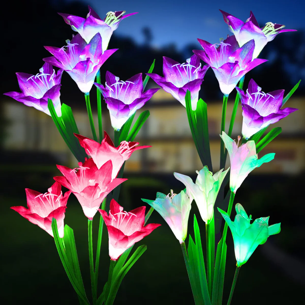 Outdoor Solar Lights, KOOPER 4 Pack Solar Garden Lights with 16 Bigger Lily Flowers, Waterproof 7 Co