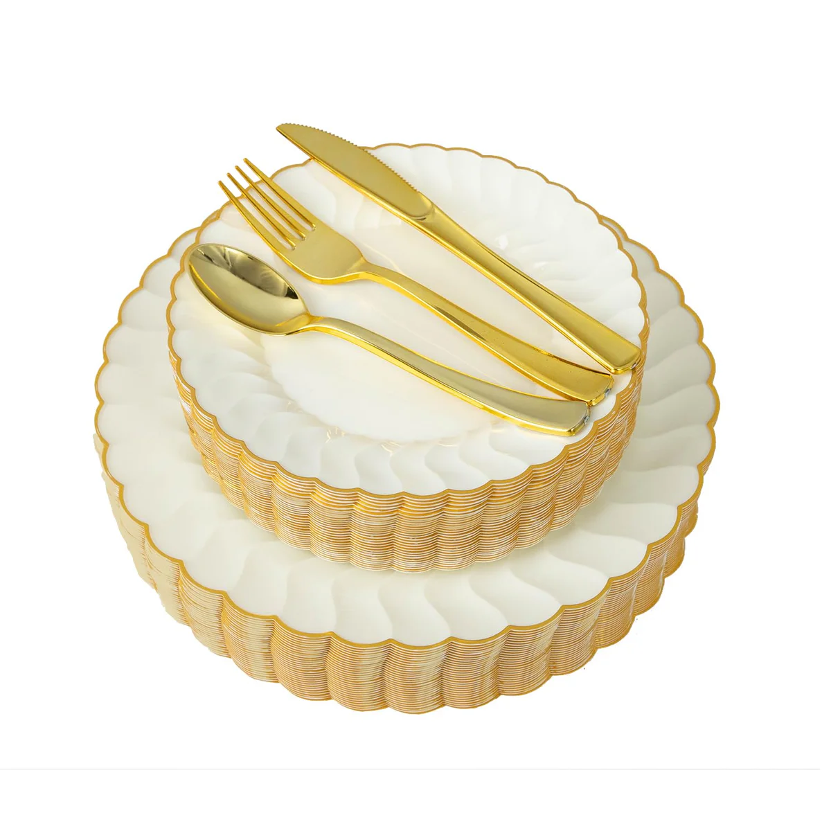 Fabulous Party Plastic Scalloped Plates and Gold Plastic Cutlery Set