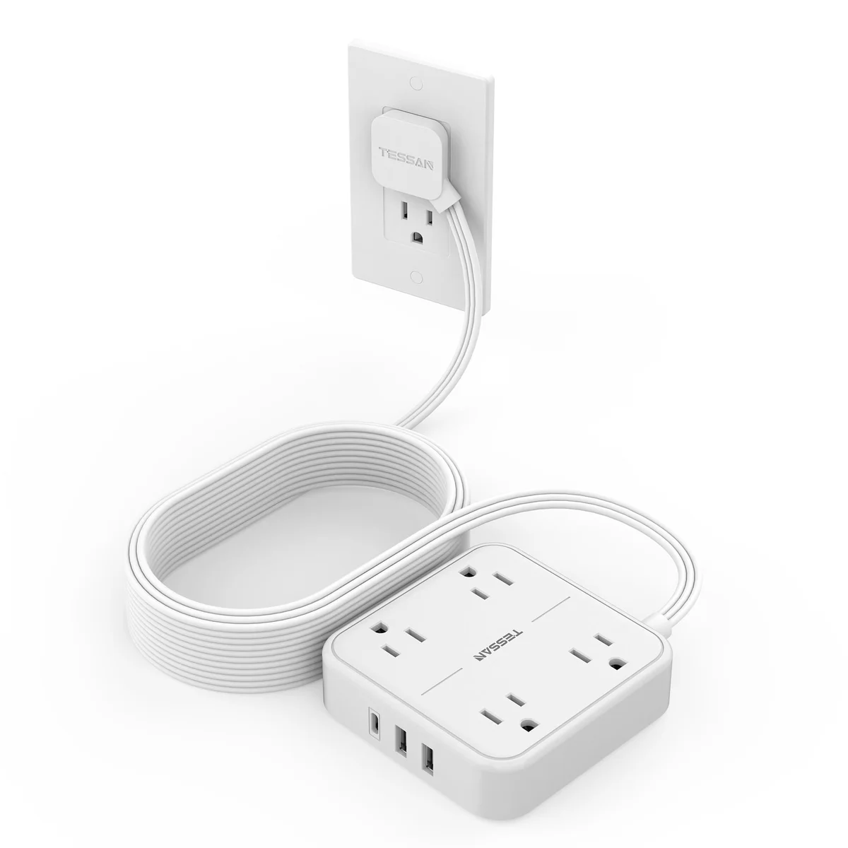 TESSAN 15ft Flat Extension Cord, Surge Protector with USB-C