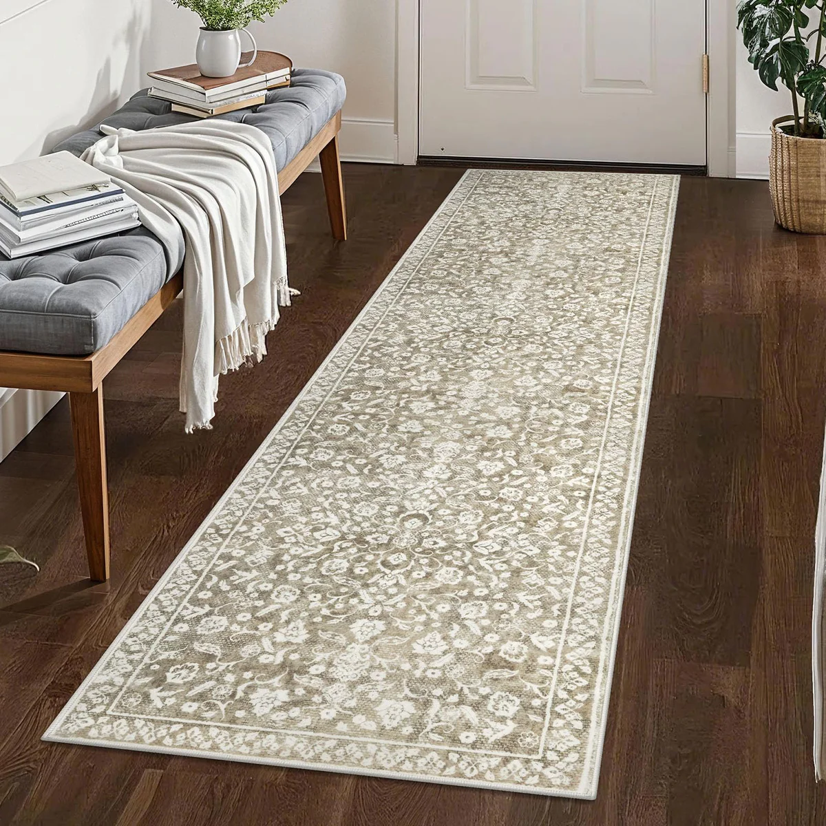 SILOLOOM Floral Beige Hallway Runner Rug