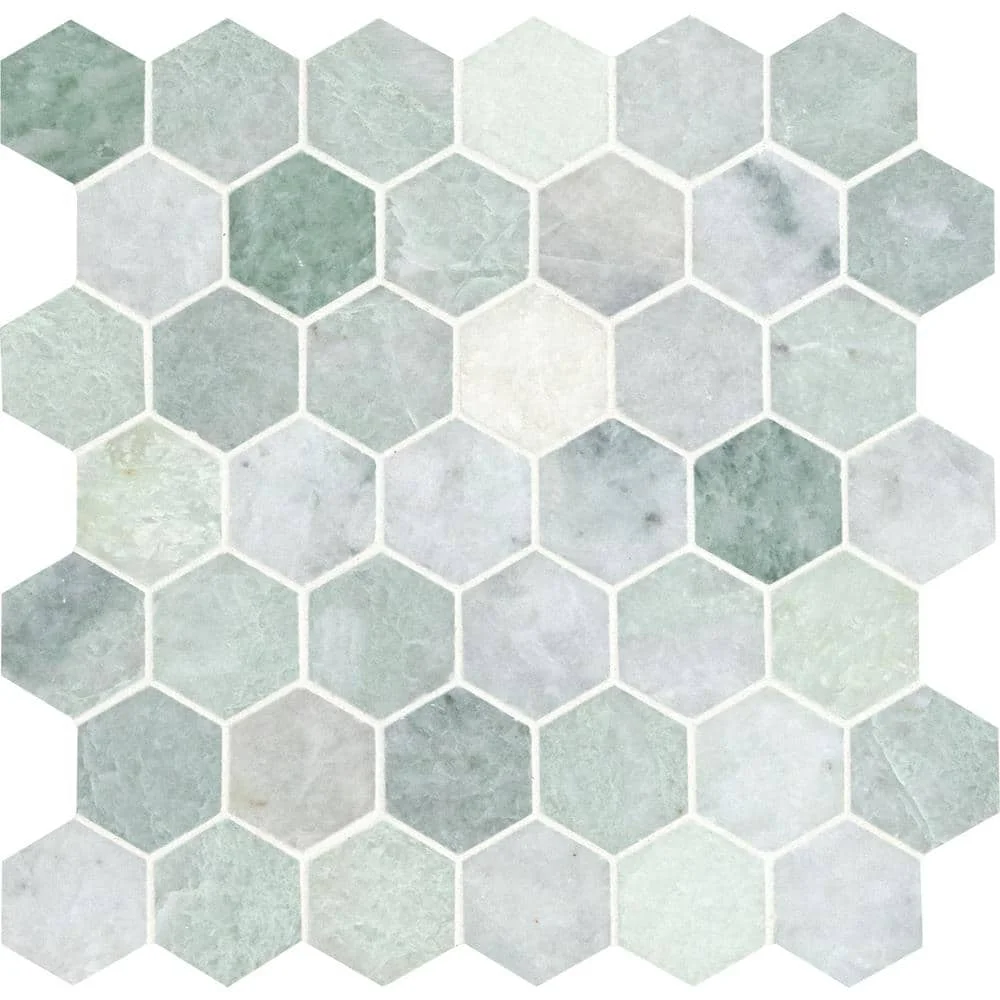 (QTY 2) MSI Icelandic Green Hexagon Polished Marble Mesh-Mounted Mosaic Tile