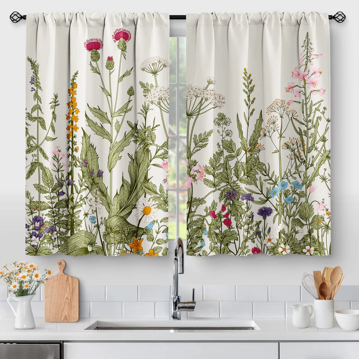 Aimego Floral Rustic Plant Kitchen Curtains 