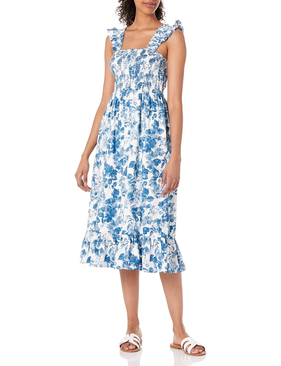 The Drop Women's Kimi Ruffled-Shoulder Smocked Midi Dress Medium Blue Floral