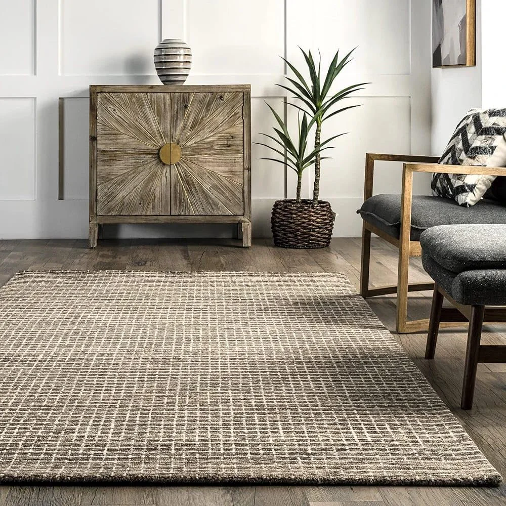BHADOHI RUGS COLLECTION Handmade Tufted Wool Area Rug with Grid Pattern