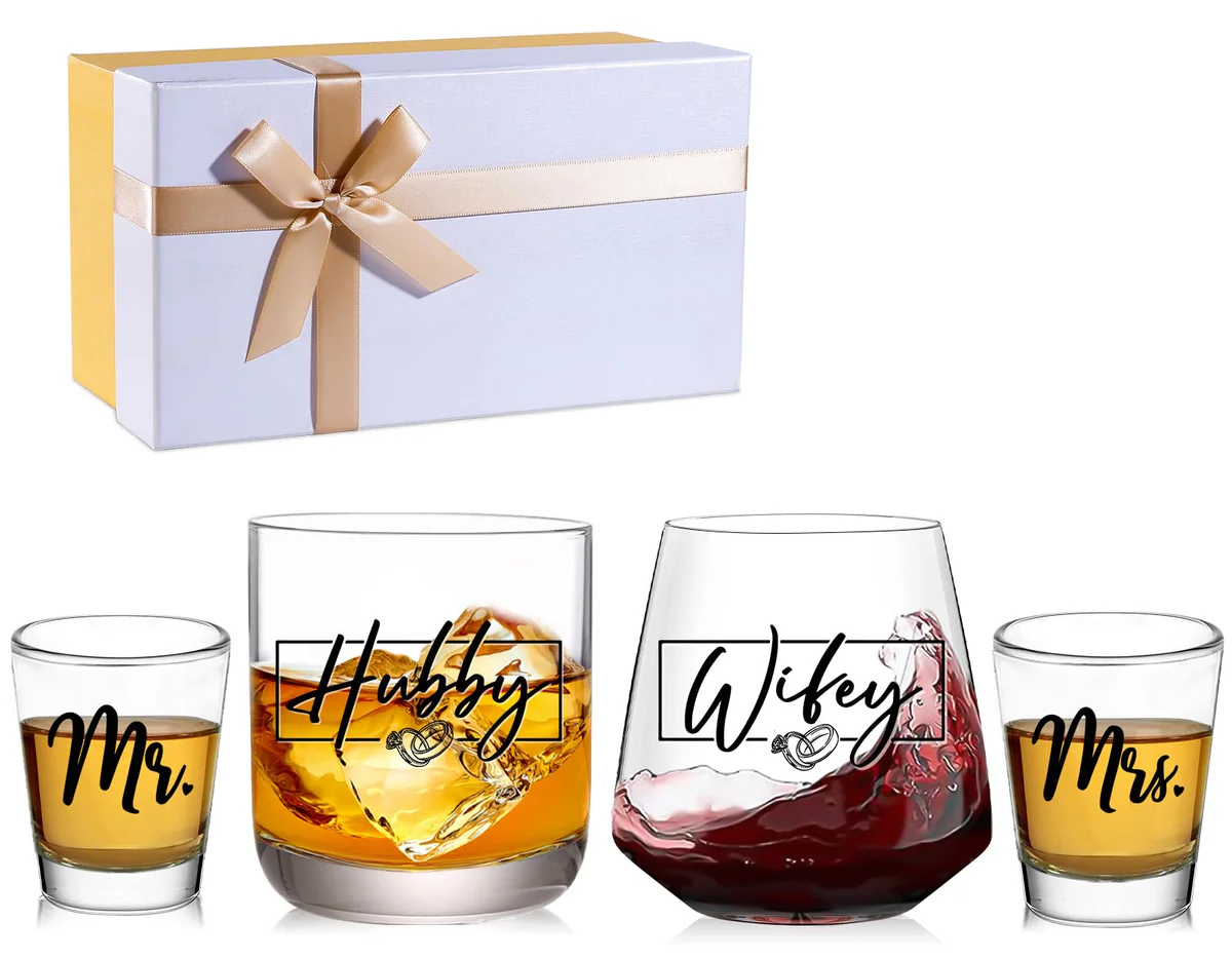 JOVGANK Wedding Gifts for Couples, Mr. & Mrs. and Hubby & Wifey Glass Set