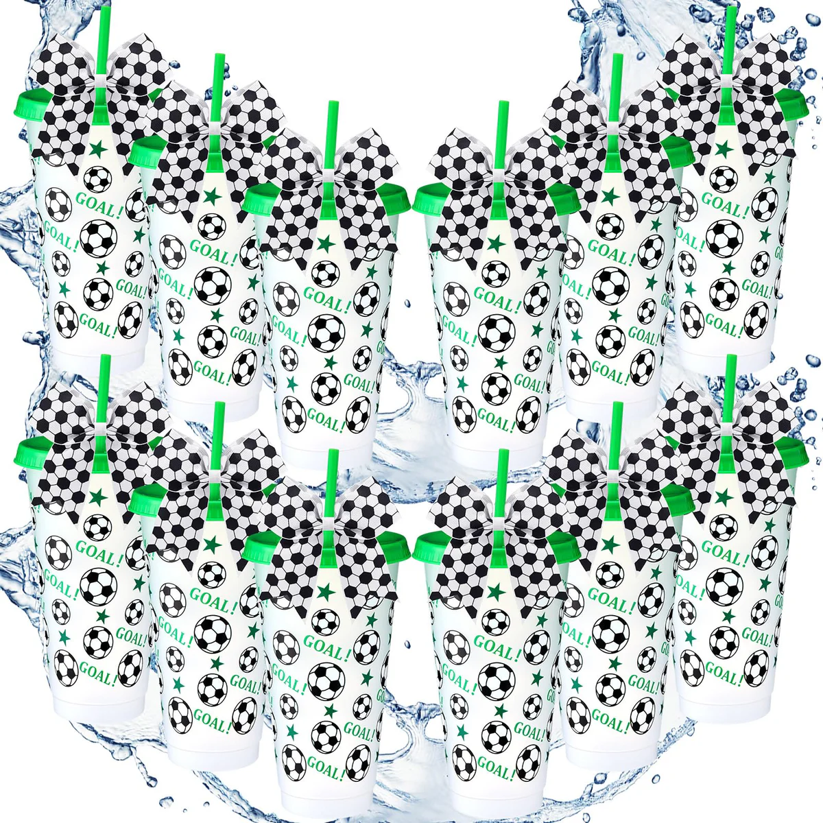 Skylety 12 Sets Soccer Plastic Tumbler with Lid and Straw 