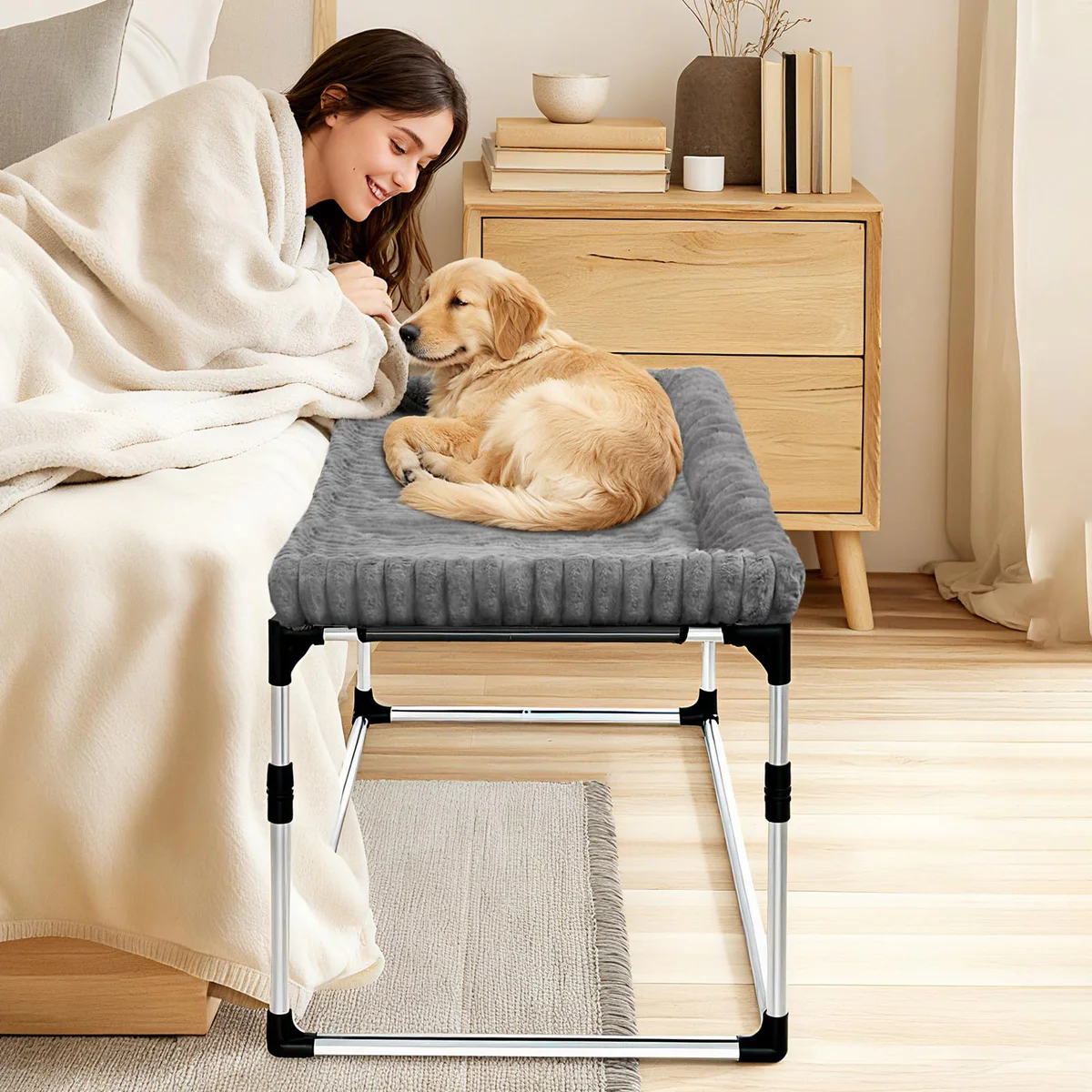 SKTREVAN Adjustable Elevated Dog Bed Beside Bed with Washable Cushion