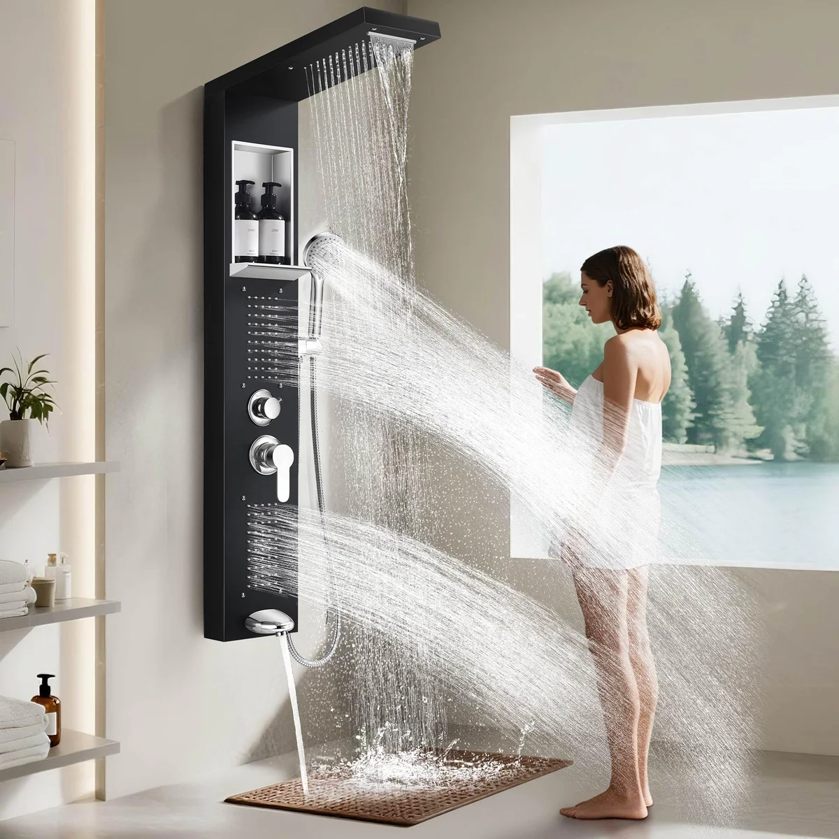 Jafeton Shower Panel Tower System with Rainfall Waterfall Nozzles