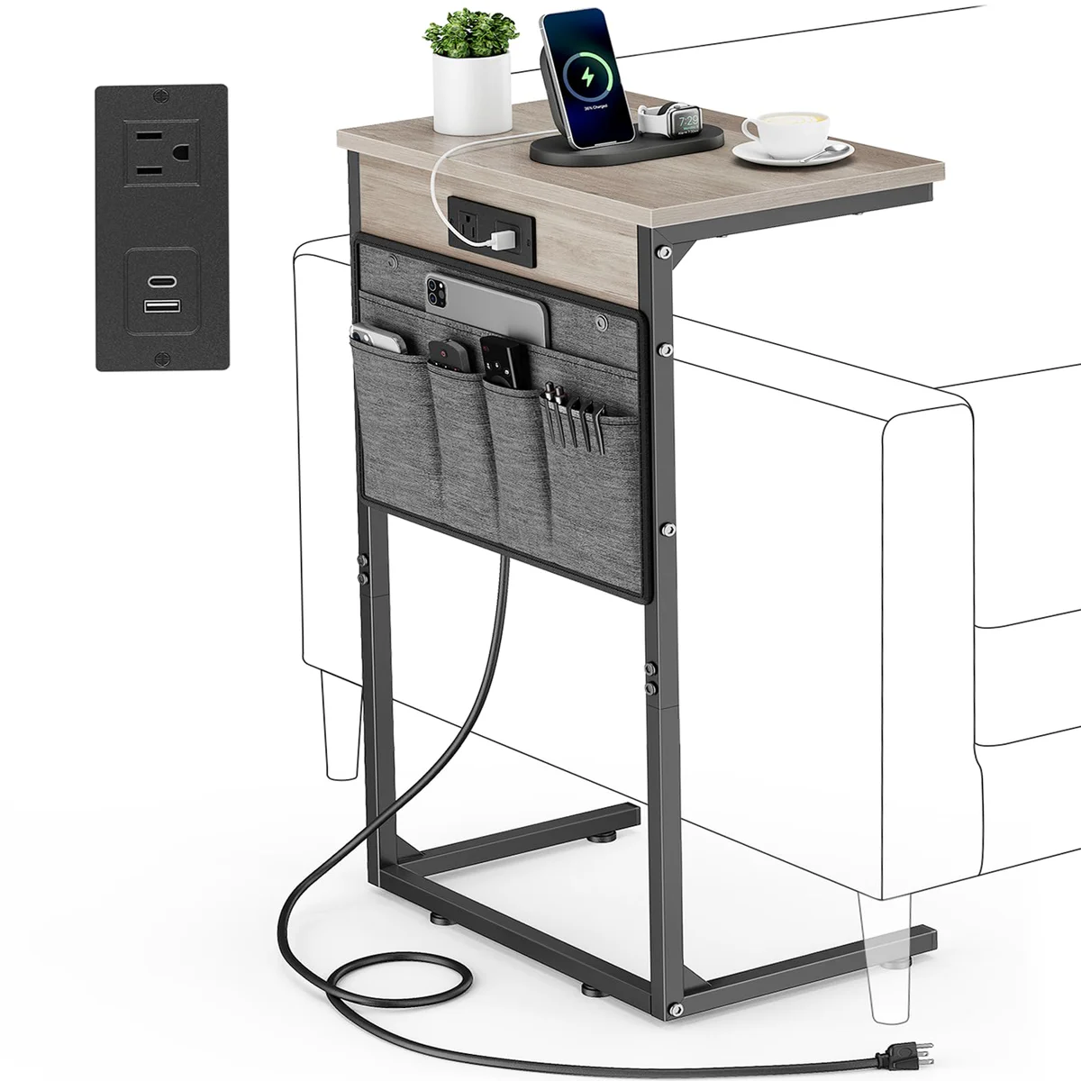 Vagusicc C Shaped End Table with Charging Station and Storage Bag