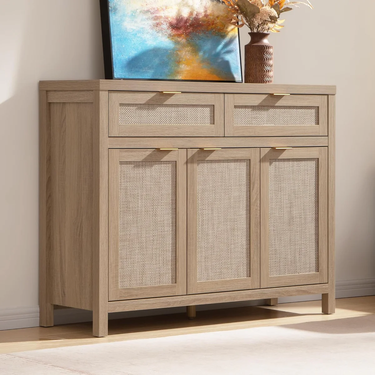 SICOTAS Rattan Boho Sideboard Accent Cabinet