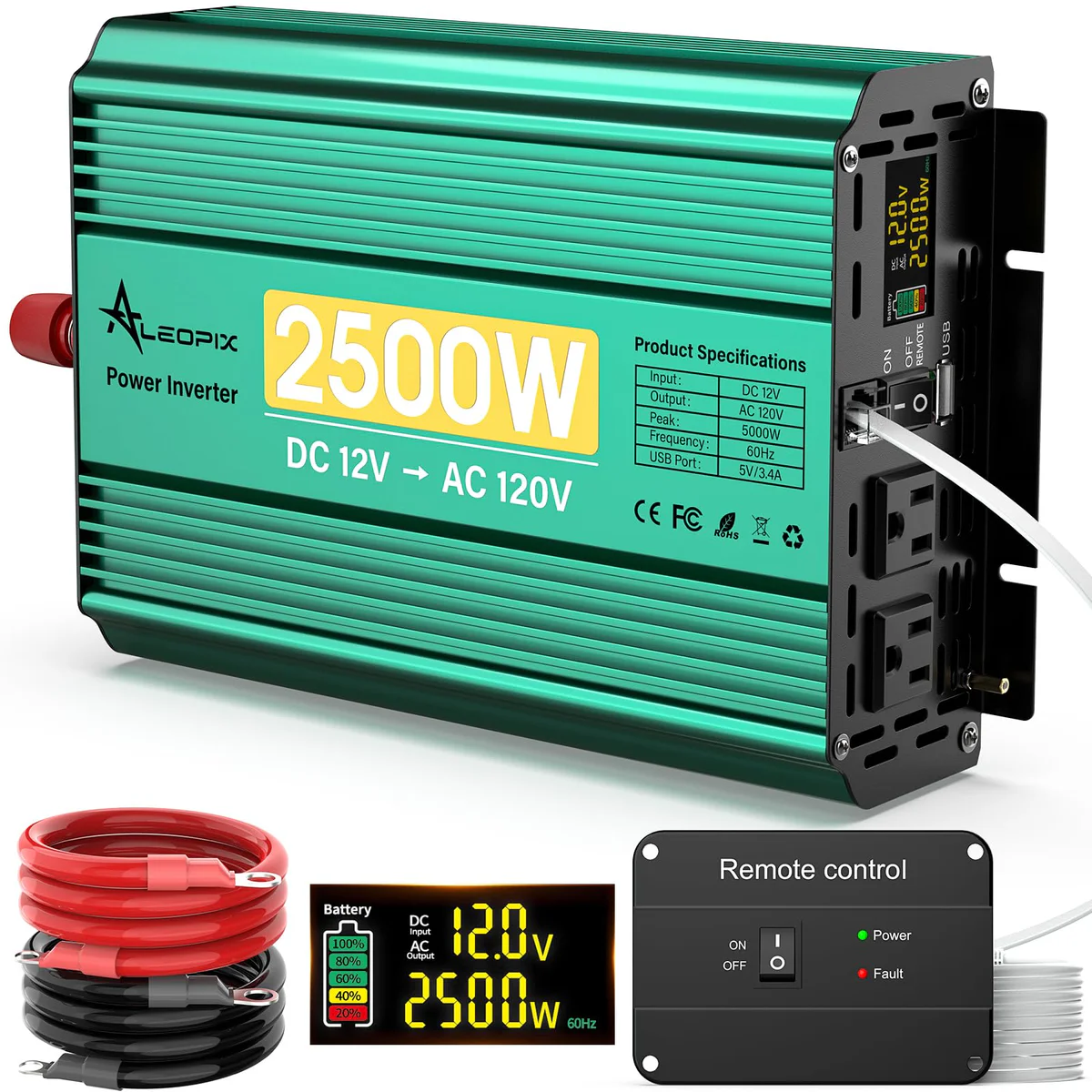ALEOPIX 2500W Power Inverter 12V to 110V/120V Converter w/ Remote
