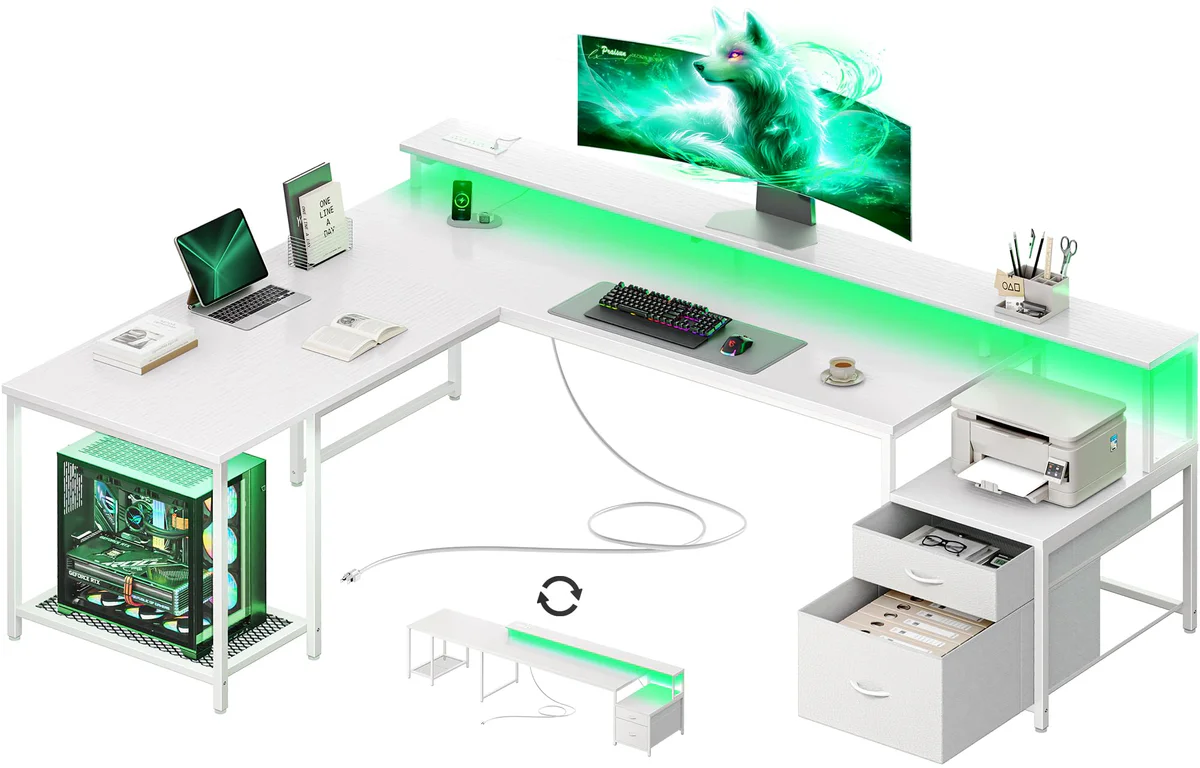 PRAISUN L-Shaped Computer Desk with Power Outlets and LED