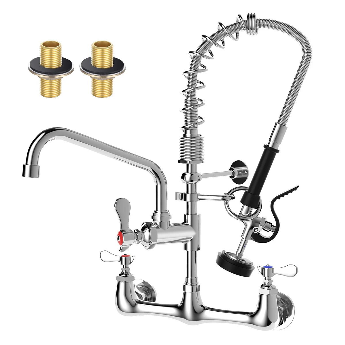  Wall Mount Commercial Kitchen Sink Faucet w/ Pre Rinse Sprayer