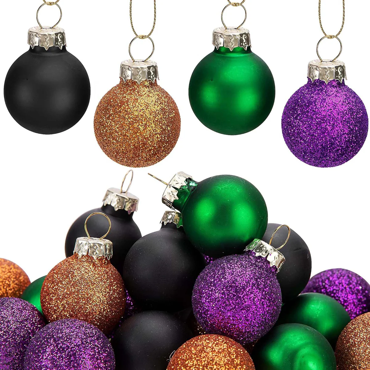 Watayo 24 Pcs Halloween Balls Glass Ornaments- 1" Mini Glitter Glass Balls Hanging Ornaments- Small Halloween Ball Tree Decoration for Party Haunted House Christmas Tree Decor