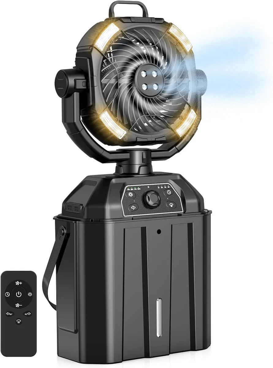Portable Misting Fan with LED Lights, Rechargeable Battery & Remote