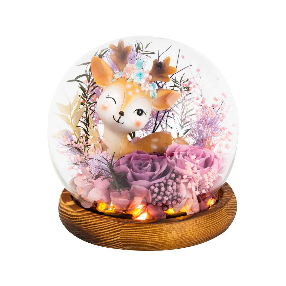 Niuirt Preserved Rose Flower Glass Dome Deer Figurine