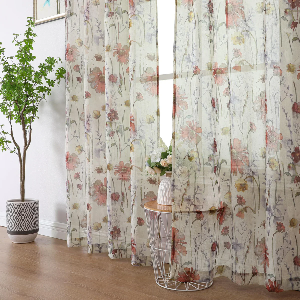 OWENIE Floral Print Semi Sheer Curtain Panel