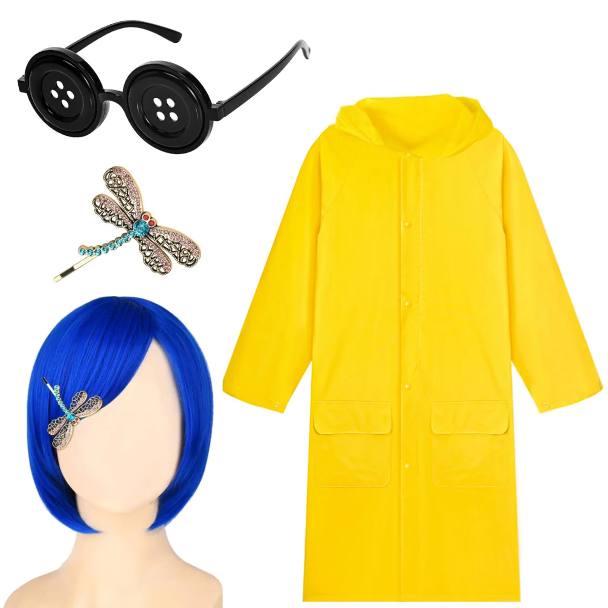 5 Pcs Halloween Character Costume Include Raincoat,Wig,Gloves,Button Glasses and Hair Pin for Party Cosplay (Small)