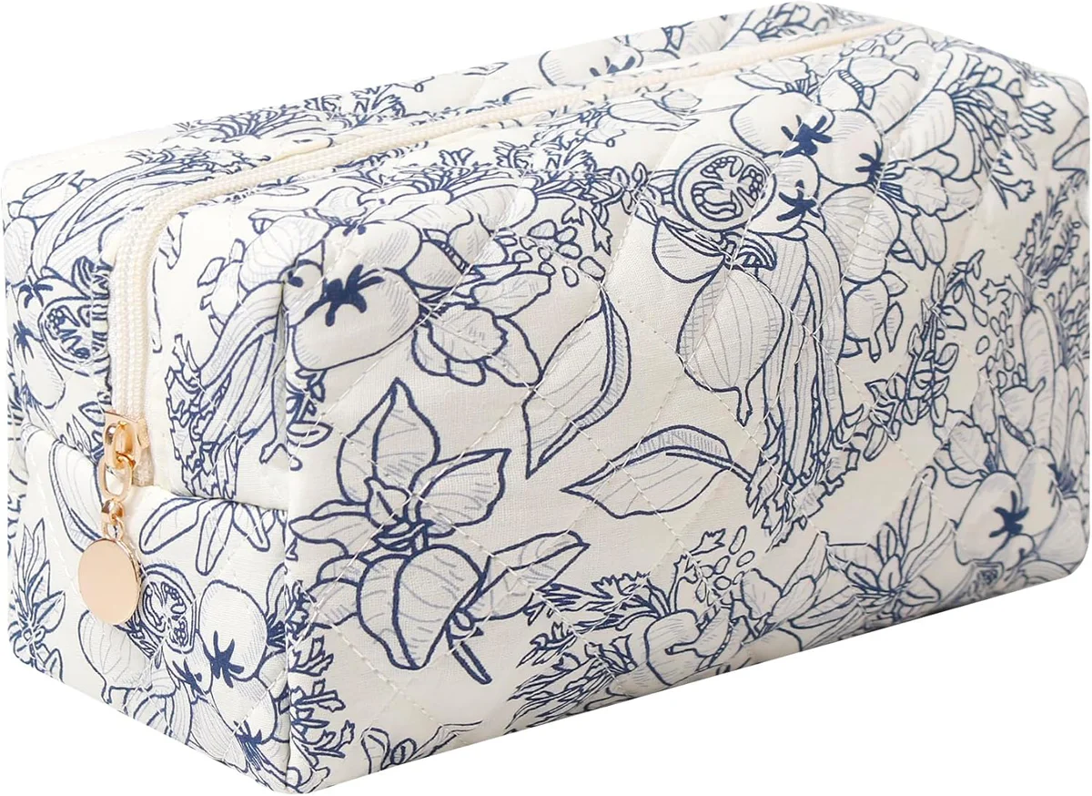 Floral Pattern Quilted Pencil Case Pen Makeup Pouch Organizer