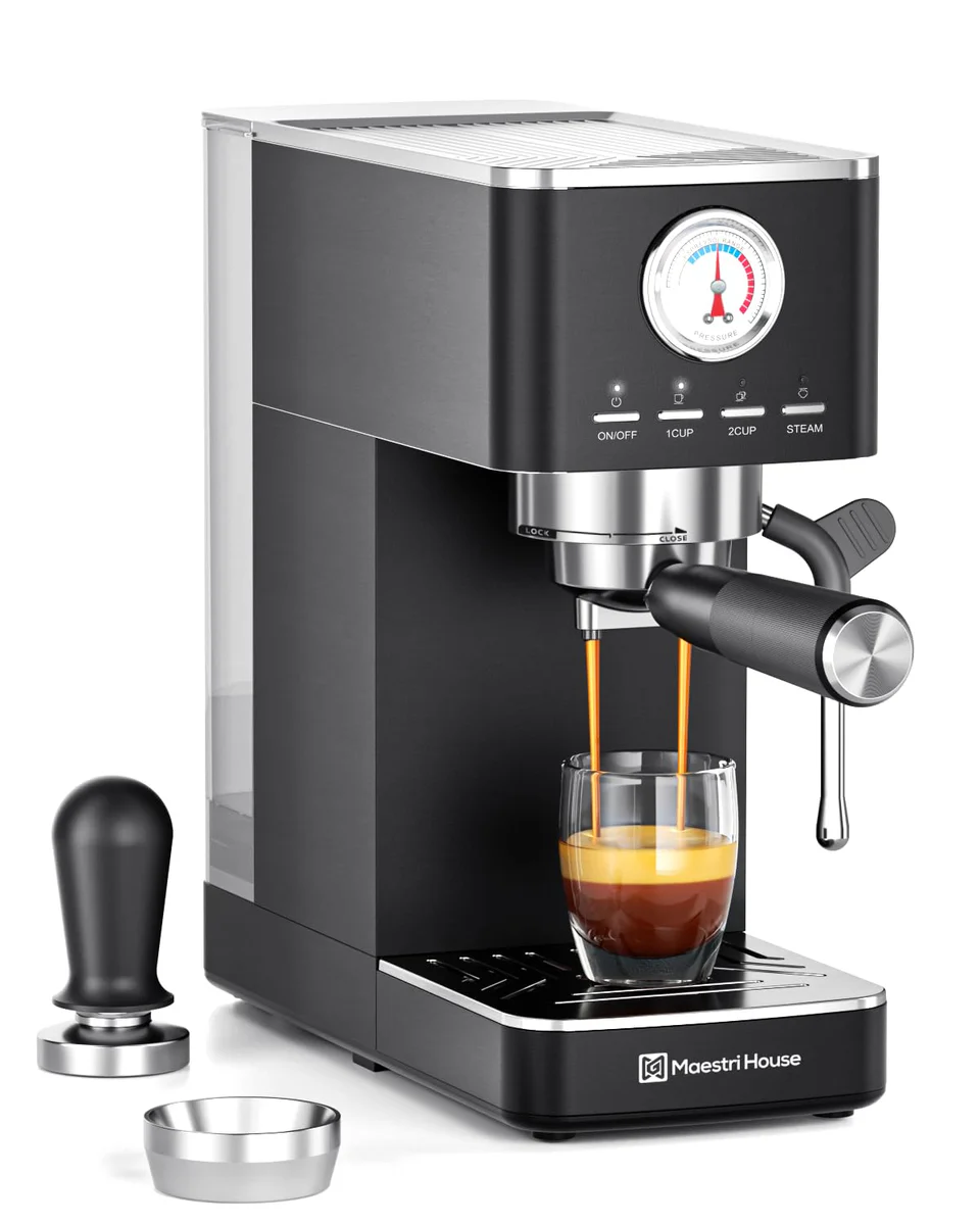 Maestri House Espresso Machine, 20 Bar ULKA Pump, Compact Espresso Maker Built-in Flow Meter Steam Milk Frother, Stainless Steel Coffee Machine for Cappuccino, Latte (Black)