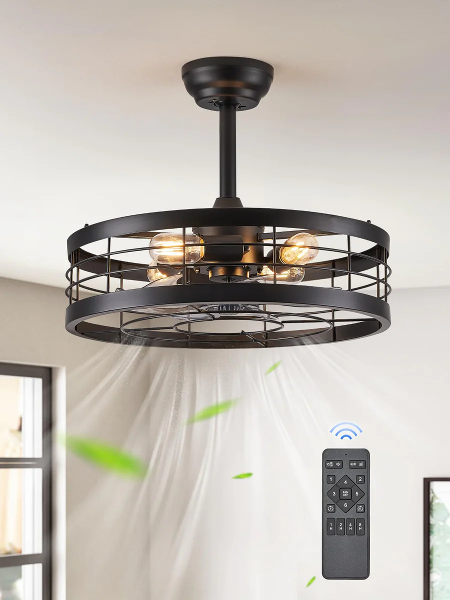 LEDIARY Caged Ceiling Fan with Light and Remote