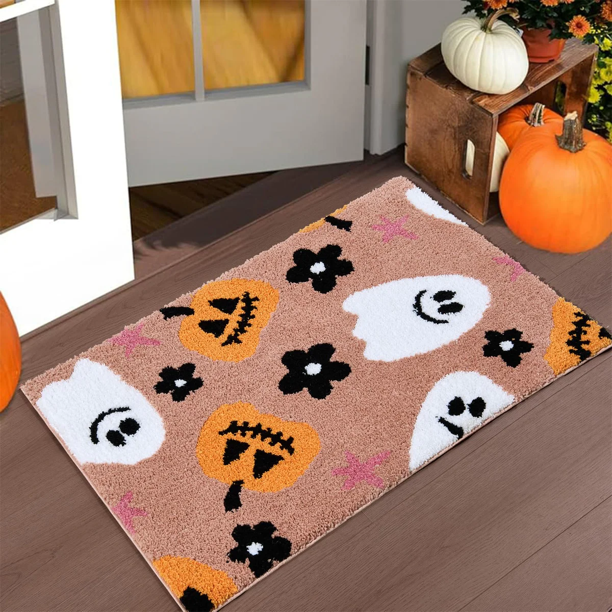 Aldopein Halloween Rug Floral Pumpkins Ghost Bath Mat