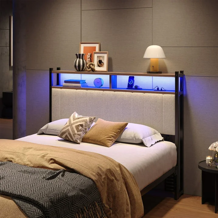 pinmoco Upholstered Headboard with Shelf and LED Lighting