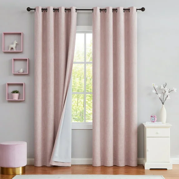 Uptown Home Pink Solid Heavy Linen Textured Full Blackout Curtain